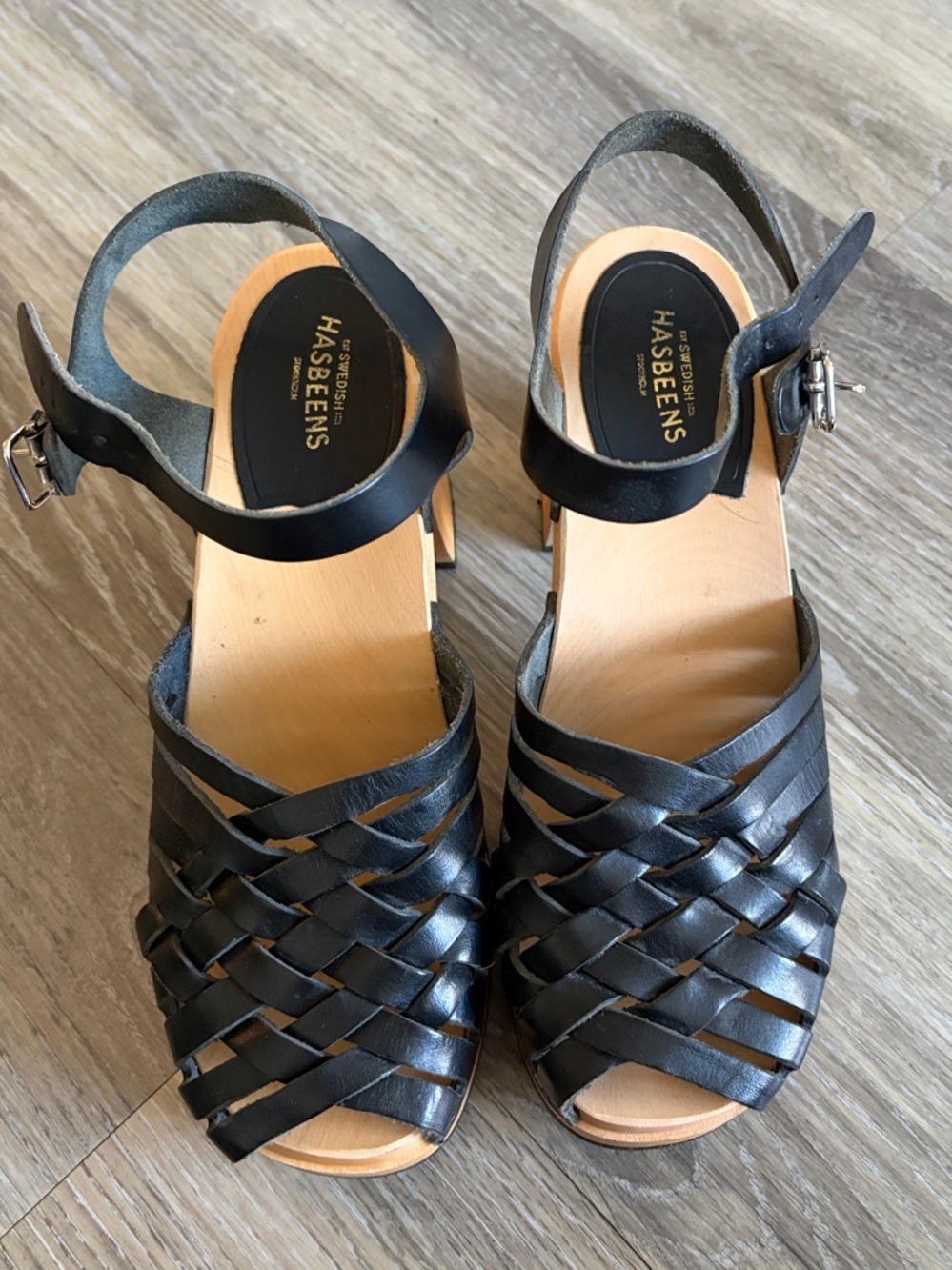 Swedish Hasbeens Gullan Black Woven Leather Clog Sandals
